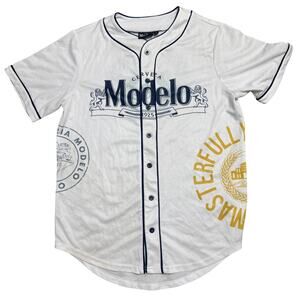 MODELO CERVEZA S SMALL WHITE BASEBALL JERSEY BEER MLB BLUE BALL SPORTS OUTDOOR